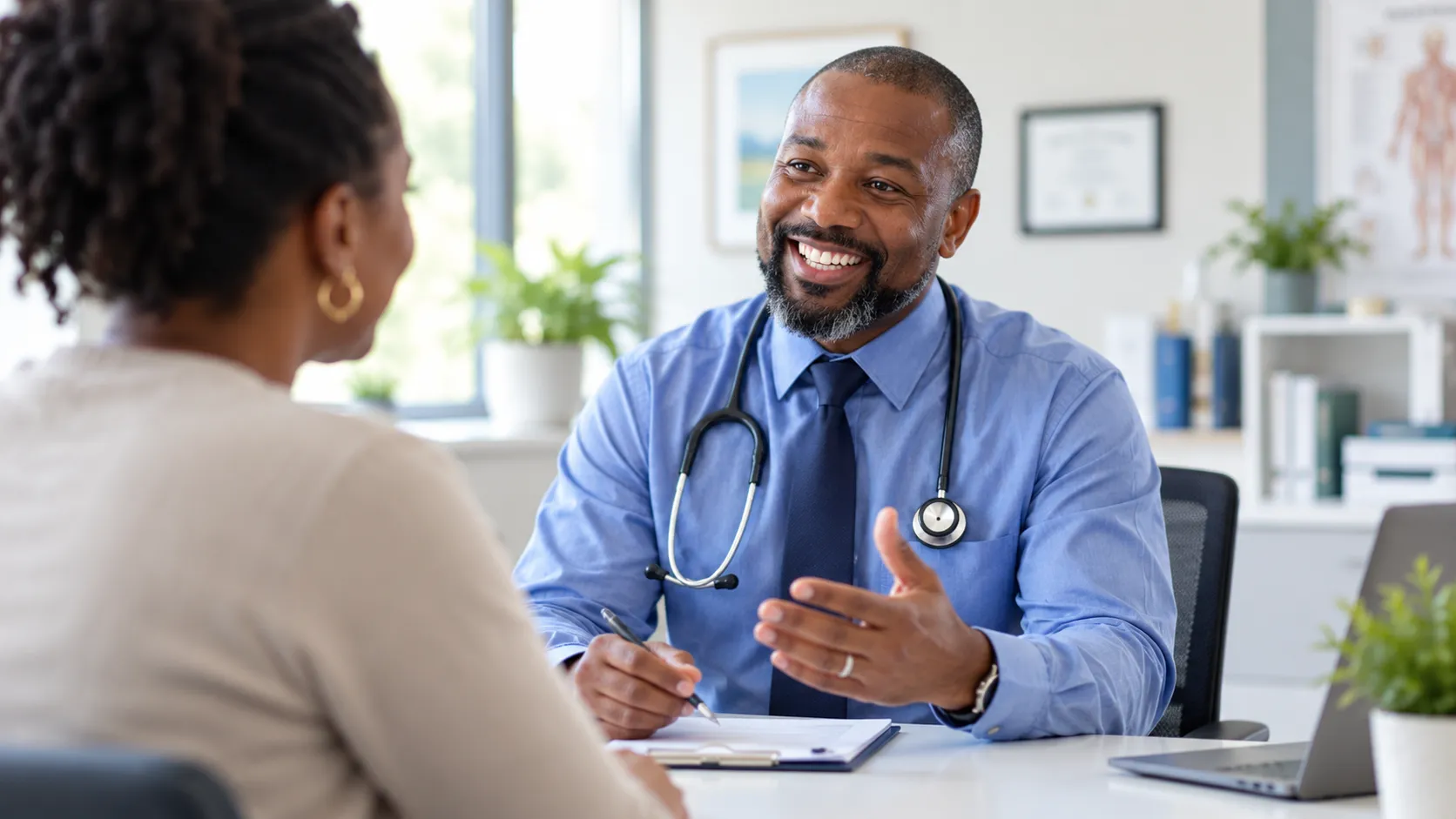 A doctor speaking warmly with a patient during a consultation