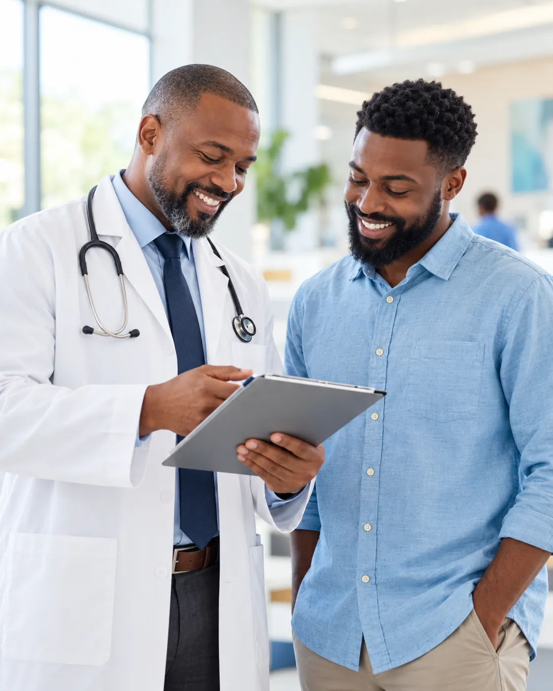 A doctor reviewing health information with a smiling patient