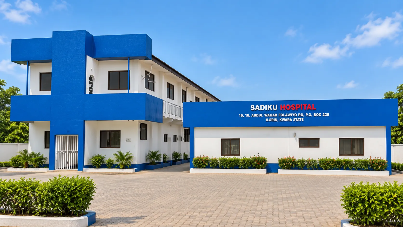 Sadiku Hospital building under blue skies in Ilorin